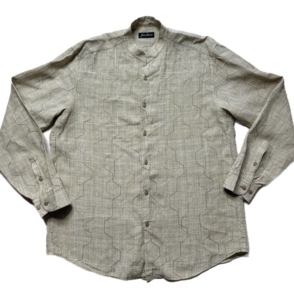 Jhane Barnes Men’s Linen Embroidered Stitching Mandarin Collar Shirt XL
